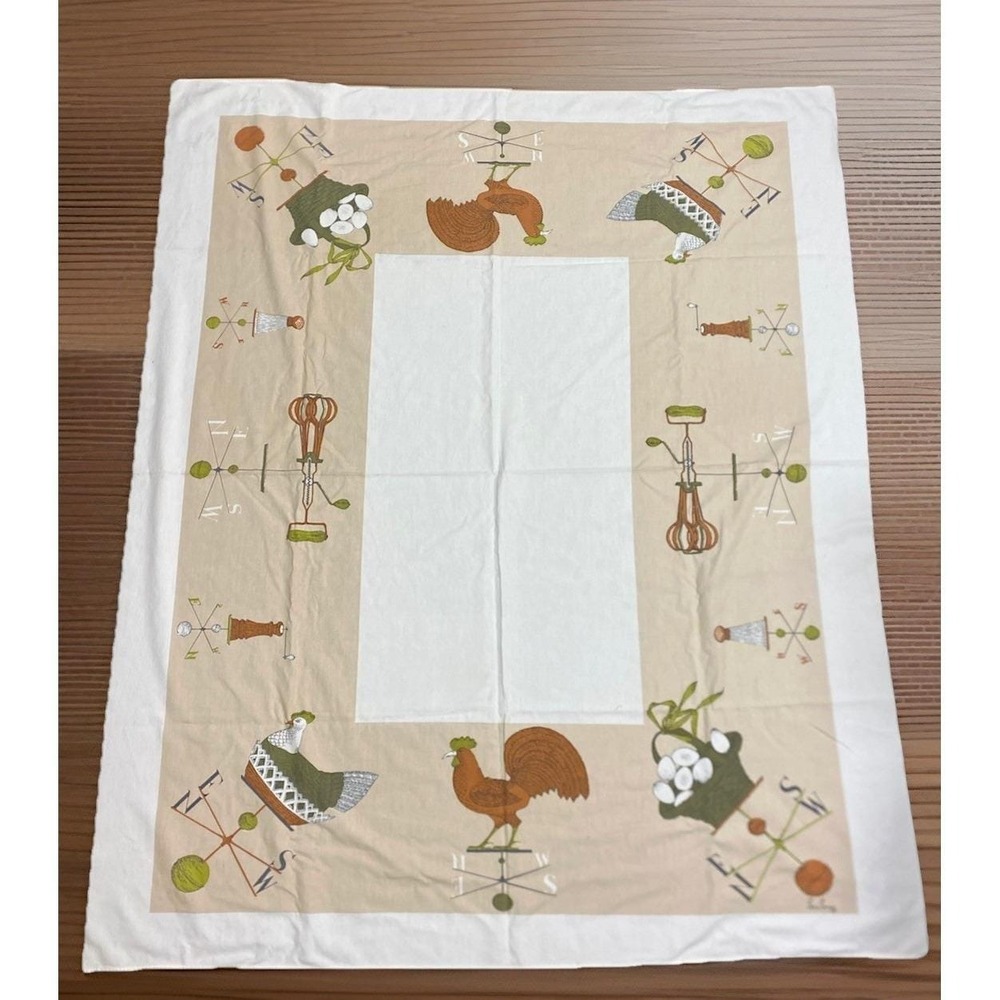 Vintage MCM Lois Long Linen Tablecloth 64" x 53"‎ Hens Roosters Eggs Weathervane